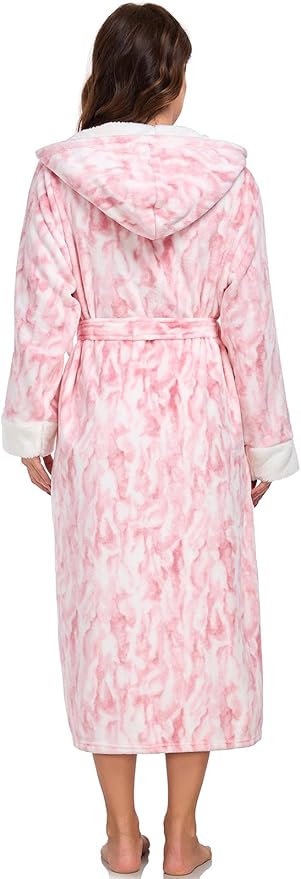 RONGTAI Womens Plush Fleece Hooded Bathrobe, Thick Nightgown Long Robe Sleepwear with Two Side Pockets and Belt