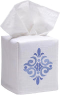 Jacaranda Living Square Tissue Box Cover, Linen/Cotton Fabric Tissue Holder, Decorative Cloth Tissue Cube Cover, Scrolls Design Amalfi Scroll, Blue