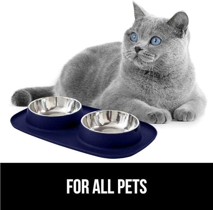 GORILLA GRIP Feeding Mat Set, Patent Pending 100% Waterproof BPA Free Silicone, Stainless Steel Cat and Dog Bowls, Slip Resistant, Edges Catch Water, Food, US Designed Pet Accessories, 2 Cup Navy Blue