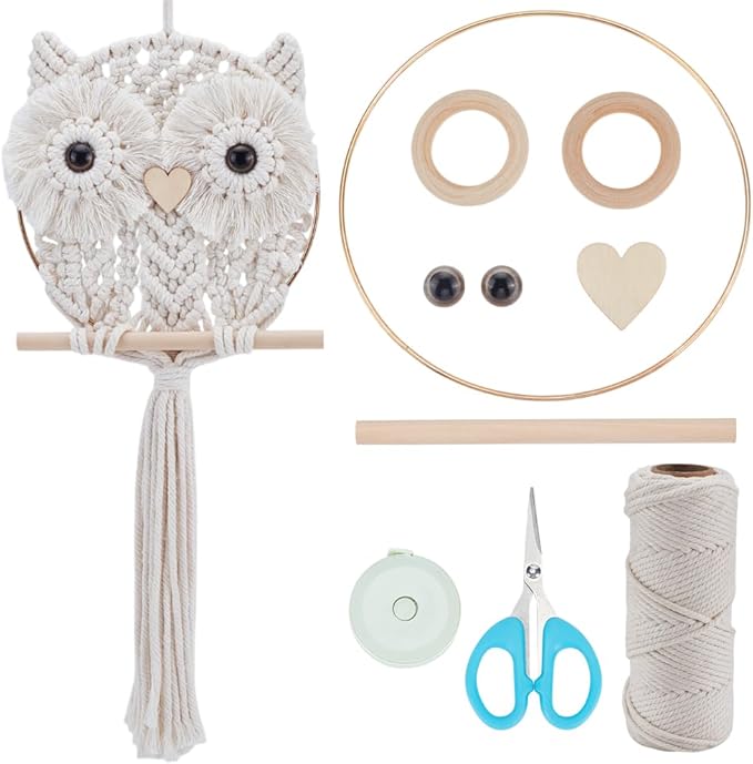 FREEBLOSS Macrame Owl Kit for Beginners Macrame Wall Hanging Kit White Cotton Cord DIY Owl Kit with Video Tutorial Hanging Decor for Adults Gift