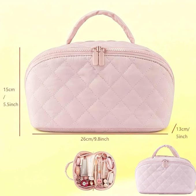 Petition Travel Makeup Bag For Women - Quilted Makeup Bag,180° Open Lay-Flat Cosmetic Case,5 Colors Large Capacity Waterproof Make Up Bag Set,With Compartments (Pink)