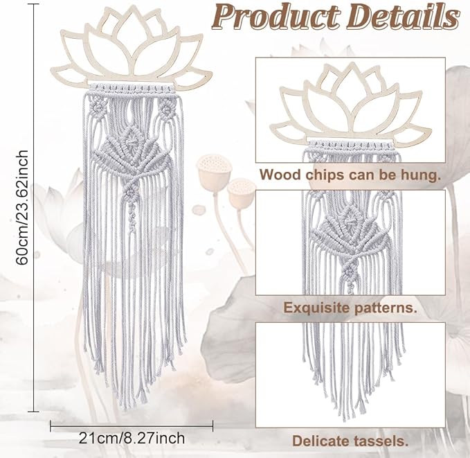FREEBLOSS 2 Set DIY Macrame Lotus Wall Hanging Kit Macrame Tapestry Kit with Instructions Wooden Frames for Adults Beginners Lotus Wall Hanging Decor for Living Room Bedroom
