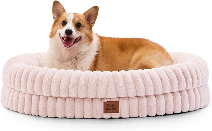 ChiXnuggle Dog Bed Large Sized Dog - Luxury Striped Faux Fur Waterproof Pet Couch with Removable Washable Cover, Orthopedic Pet Bed with Bolster Sides for Sleeping, Pink