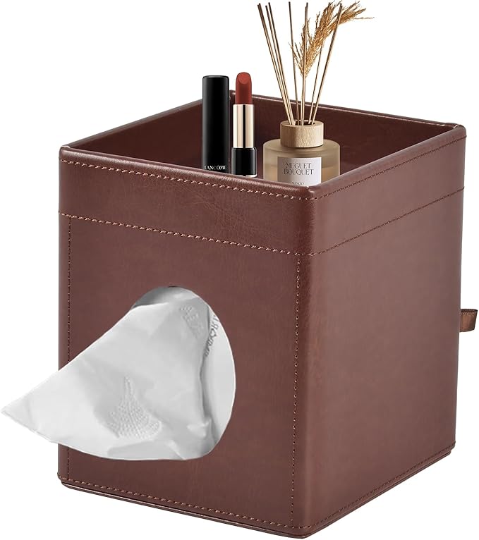 XNONE Tissue Box Cover Square Tissue Box Holder PU Leather Facial Tissues Organizer with Storage Tray for Bathroom Vanity Bedroom Office Car,Stylish Napkin Caddy Decorative Organizer (Brown)