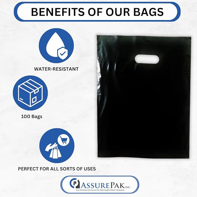 ASSUREPAK Black Plastic Merchandise Bag - 100 Bags - LDPE Die Cut Handle Bag for Retail, Store, Market, Convenience Store - 12"x15" - 1.5 mil