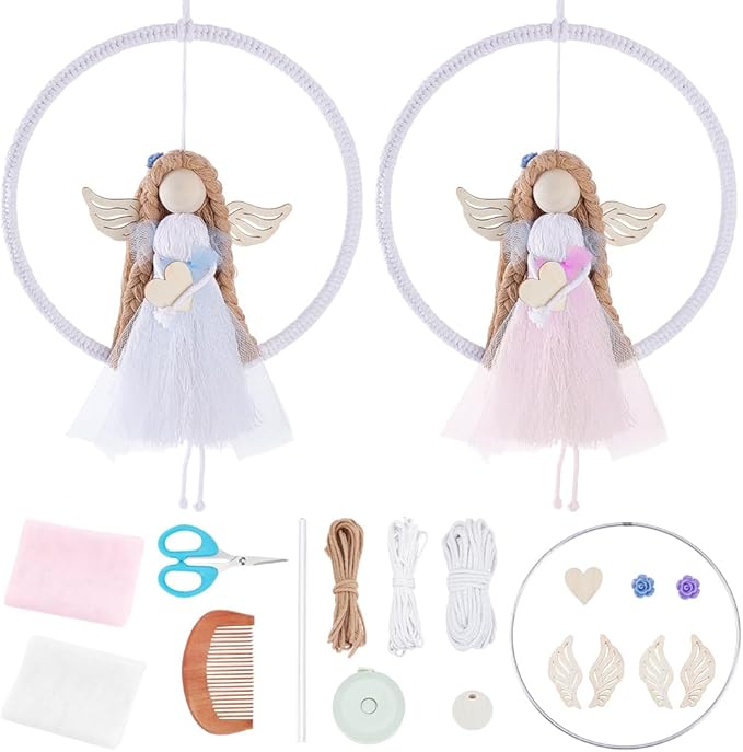 FREEBLOSS 2 Set DIY Macrame Angel Kit Macrame Ornament Kit for Beginners Boho Angel Doll Decor Adults Craft with Instruction Christmas Gift