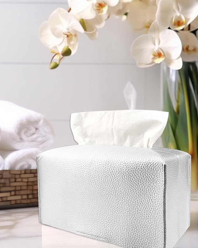 Silver Tissue Box Cover Rectangular - Plus Size Large Tissue Box Cover Rectangle [JESMINI] Faux Leather Tissue Box Holder Long for Extra Large Rectangle Facial Tissue Box