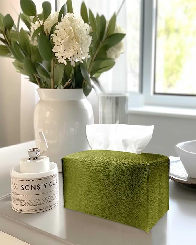 Rectangle Tissue Box Cover Green - Normal Size Leather Rectangular Tissue Box Cover [JESMINI] Faux Leather Tissue Box Holder Long for Normal Rectangular Facial Tissue Box