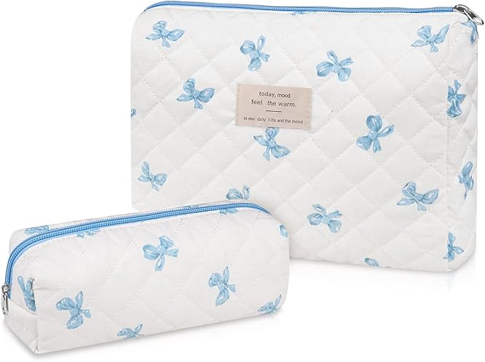 Gosect 2PC Makeup Bag Set, Cute Cosmetic Bag for Women Girls, Floral Coquette Aesthetic Toiletry Bag, Travel Make Up Organizer Bag (White Blue Butterfly Flower)