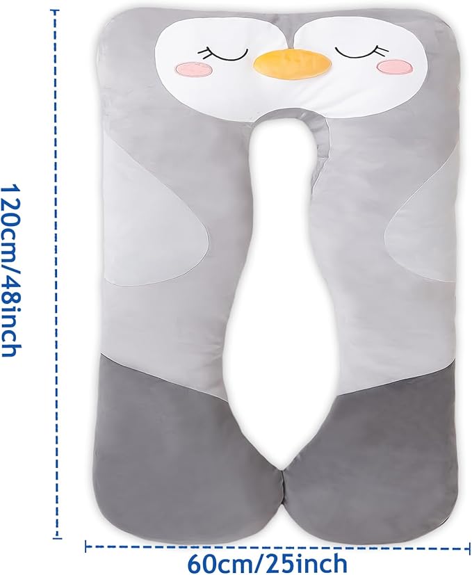 MLdian 47x23 inch U Shaped Long Plush Body Pillows for Kids, Stuffed Animal Penguin Soft Large Pillow for Sleeping, Big Cute Plushies, Washable Cover, Gift for Boys and Girls