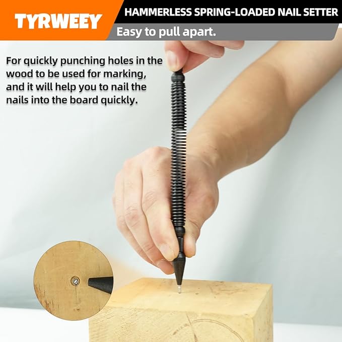 TYRWEEY 5-Piece Nail Setter Dual Head Nail Set & Dual Head Center Punch & Hinge Pin Remover Punch Set, Spring Loaded Center Hole Punch, Nail Setter Features 1/8-in, 3/32-in, 3/16-in, 1/16-in, 1/32-in