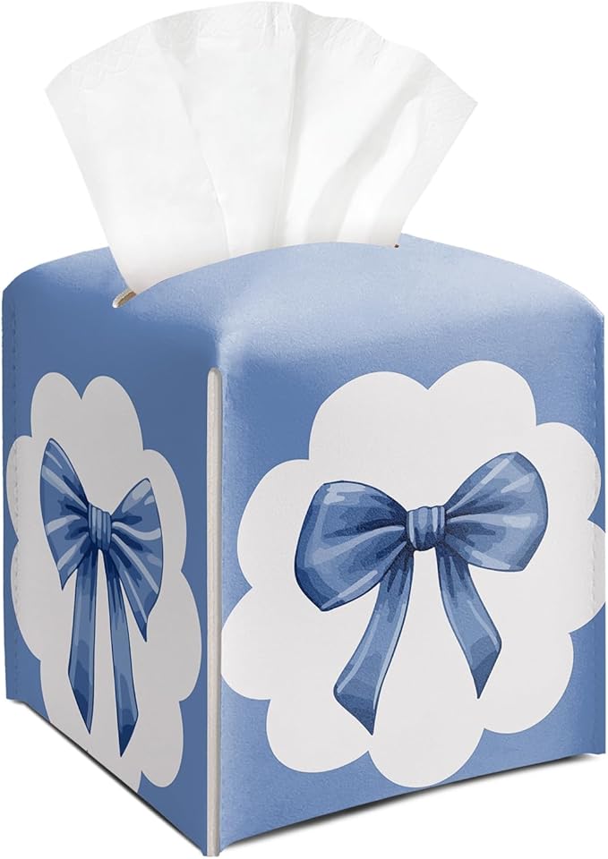 Navy Blue Bow Ribbon Tissue Box Cover Square, Leather Tissue Holder with Bottom Belt, for Nightstands Desks Office Bathroom Car Vanity Home Decor Supplies -011