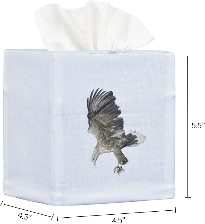 EmbroideryLinen.VN Tissue Box Cover Set of 2, Square Linen Tissue Holder, Printed Animal Pattern, 4.5x4.5x5.5 Inches, Decorative Holder for Bathroom, Living Room, Office (Eagle)