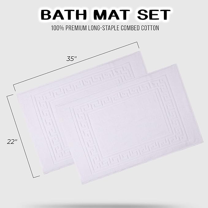 Superior Heavyweight Cotton Bath Mats, Bath Rugs For Bathroom Accessories, Washable Rug For Shower, Bath, Toilet, Modern Decor, No Backing, Luxury Hotel And Spa Quality, Set of 2, 22" x 35", White