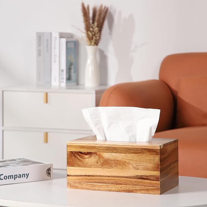 CATORY Tissue Box Cover, Acacia Wood Tissue Box Cover Rectangle, Tissue Box Holder Rectangular Covers Your Tissues, Decorative Tissue Box Cover with Slide-Out Bottom