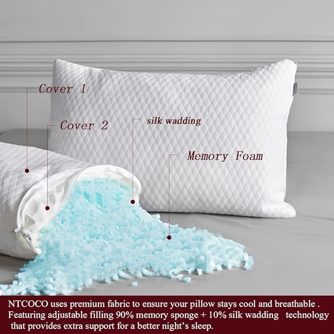 NTCOCO Shredded Memory Foam Bed Pillows for Sleeping Queen Size 2 Pack,with Washable Removable Hypoallergenic Sleep Pillow for Back and Side Sleeper