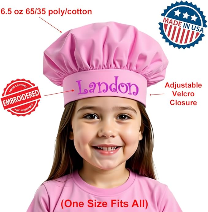 Made in the USA Personalized Embroidered Premium Child Apron and Chef Hat for Kids Girls Boys Fun in the Kitchen Gift (Chef in Training, Regular with hat)