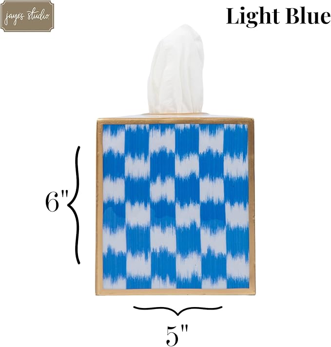 Jaye’s Studio Blue Ikat Checkered Tissue Box Cover Gold, Enamel Decorative Blue and White Tissue Holder, Square Cube Facial Tissue Box for Coastal Bathroom Guest Vanity, Checkered Home Decor Accent