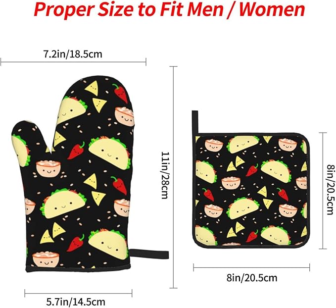 Kawaii Taco Patterned Oven Mitts and Pot Holders Set of 4, Oven Mittens and Potholders Heat Resistant Gloves for Kitchen Cooking Baking Grilling BBQ