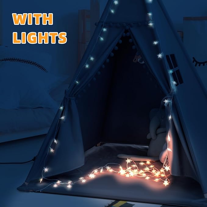 RONGFA Teepee Tent for Kids with Mat, Star Lights, Carry Case, Cotton Canvas Playhouse, Foldable Tents, Portable Children Play Tent Indoor Outdoor(Grey)