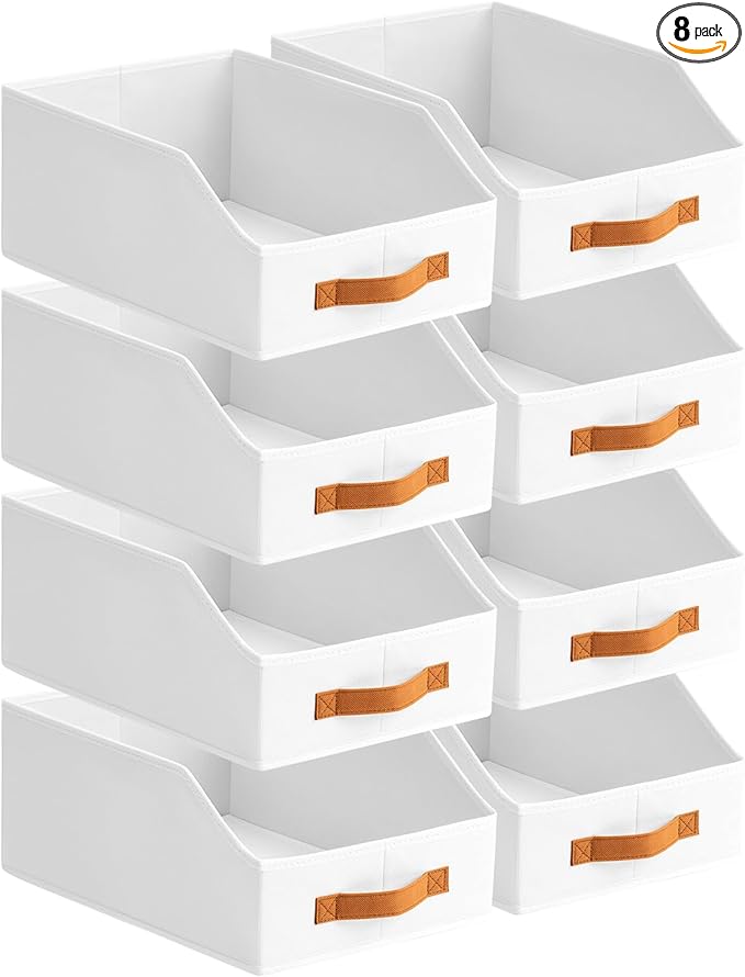 Homsorout Fabric Storage Bins for Organizing - 8 Pack Large Trapezoid Collapsible Storage Bins with Front Handle, Closet Organizers and Storage for Bedroom, Home Shelves, Small Spaces, White