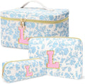 3 PCS Travel Makeup Bag Set, A–Z Initials Cotton Quilted Cosmetic Bag for Women & Preppy, Personalized Toiletry Bag Travel Accessories Makeup Brushes Organizer, Valentine’s Day & Birthday Gift for Her