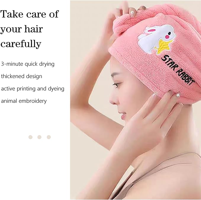 AGKXHDEC 1 Pack Double Layer Microfiber Hair Towel, Hair Turbans for Wet Hair，Pink with Rabbit