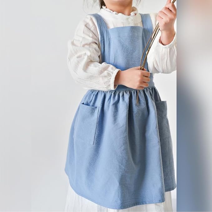 OBEEII Kids Aprons for Cooking Cotton Linen Children Baking Kitchen Gardening Painting Apron Pinafore Dress with Pockets