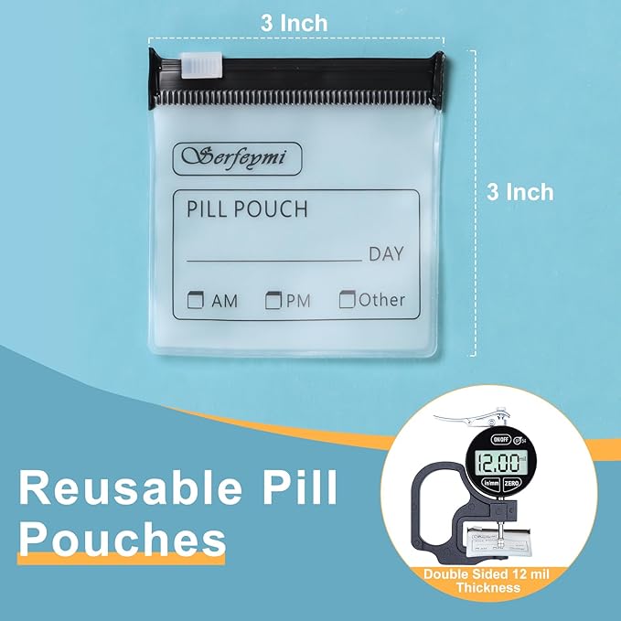Serfeymi 114 Pcs Pill Pouch Bags for Travel Reusable Plastic Bags 3"x3" 12 mil (Double Sided) Translucent Zipper Pill Pouches for Medicine with Slide Lock & Writable Label, 1x Marker-White+Black+Green