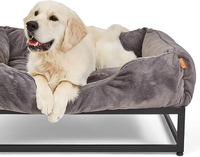 FUZI Elevated Dog Bed Medium, Luxury Raised Dog Beds, Removable and Machine Washable Bed Cover, Indoor/Outdoor Orthopedic Pet Bed, Medium 31.75x23.6x18 Dark Grey & Black Base