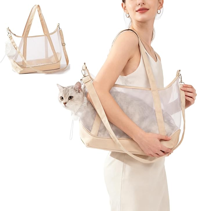 Vinqki Visible Comfort Cat Sling Carrier for Small Cats 3-8lb,Mesh Dog Sling for Small Dogs and Cats-Light & Breathable Cat Carrier Pouch,Soft Puppy Purse with Adjustable Shoulder Strap(Beige)