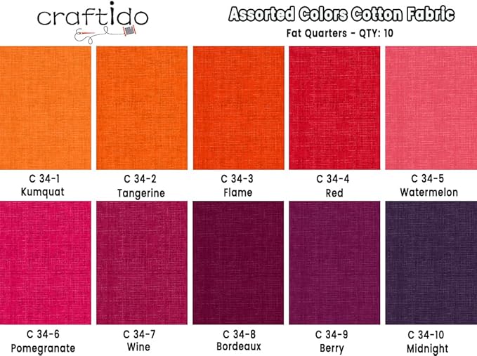 Craftido - 11 Options Solids with Tweed Tonals - Assorted Color Cotton Quilting Fabric Bundles 10pcs Fat Quarters 18"x21" - Medium Weight 5.2oz - for Quilting, Sewing and Crafts - Different Reds