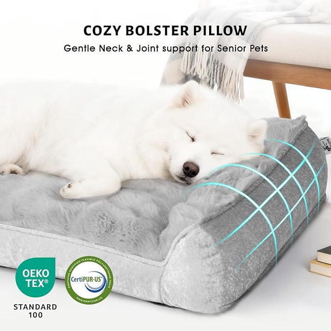 Welfibr Dog Bed 100% Washable Faux Fur Dog Beds Small Size Dog Orthopedic Dog Bed with Sides Elevated Dog Bed Comfort Small Dog Bed with Removable Cover Noiseless Supportive Dog Couch Grey 35"