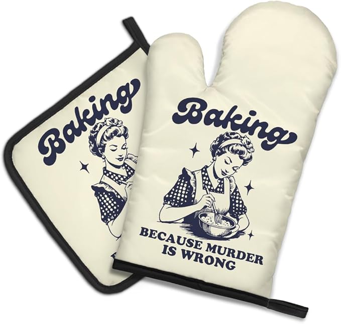 DYJYBMY Baking Because Murder is Wrong Funny Oven Mitts and Pot Holder Set, Humorous Vintage Lady Kitchen Gadgets for Women, Birthday Gifts for Bake Lover Chef, Hostess Gifts for Mom Wife Sister BFF