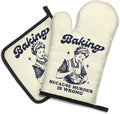 DYJYBMY Baking Because Murder is Wrong Funny Oven Mitts and Pot Holder Set, Humorous Vintage Lady Kitchen Gadgets for Women, Birthday Gifts for Bake Lover Chef, Hostess Gifts for Mom Wife Sister BFF