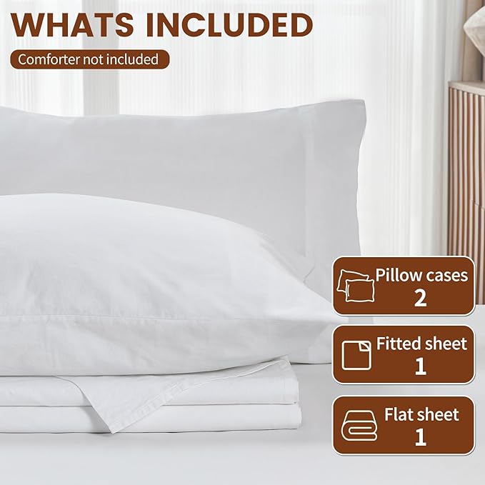 100% Linen Sheets Queen Size,Breathable & Durable 4-Piece Bed Flax Sheet Set,Soft All-Season Bedding for Hot Sleepers 16" Deep Pocket Oeko-TEX Certified,（Queen, White）