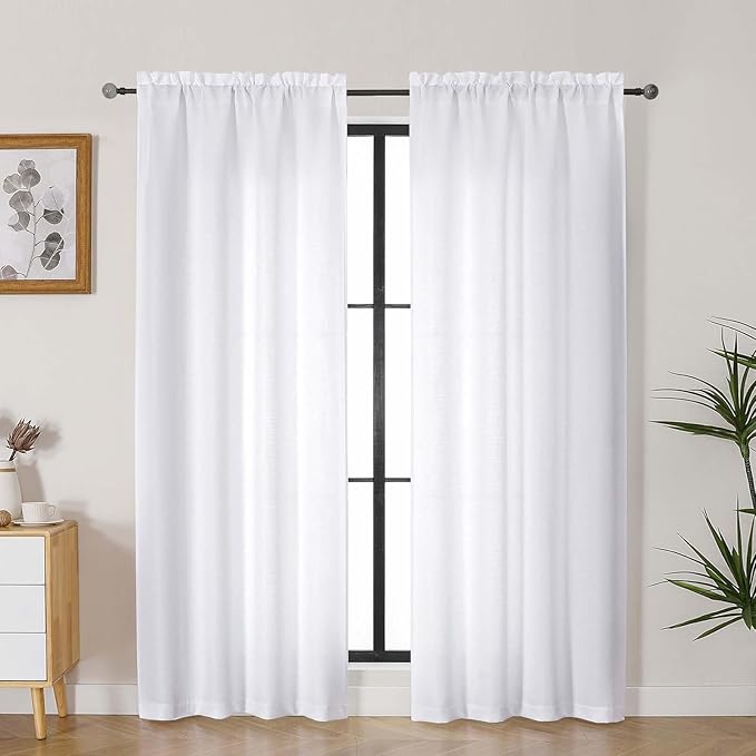Lecloud Bessie White Curtains 78 Inches Long 2 Pcs, Light Filtering Faux Linen Textured Living Room Curtains for Bedroom, Rod Pockets Modern Farmhouse Decor Privacy Drapes, Each 40" W x 78" L