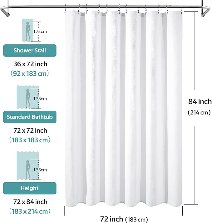 Vipfree 3 in 1 Shower Curtain Set, Waffle Shower Curtain and Liner Set with 12 Double Sided Shower Curtain Hooks, 258GSM Luxury Weighted Cloth Shower Curtains for Bathroom, 72 W x 84 H, White