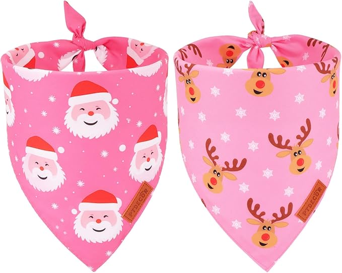 PTDECOR Christmas Dog Bandana,Xmas Pink Scarf Santa Deer Reversible Holiday Dog Scarf, Female Christmas Bandanas for Large and Extra Large Dogs Pets (X-Large)