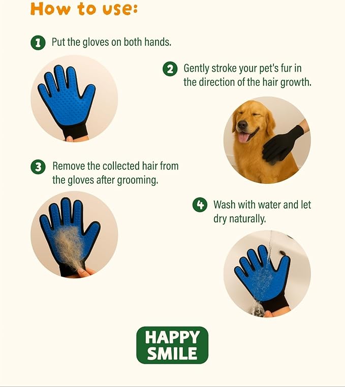Happy Smile - 2-in-1 Pet Grooming & Bath Gloves – Remove Loose Fur, Deep Clean, Stress-Free Massage for Dogs & Cats