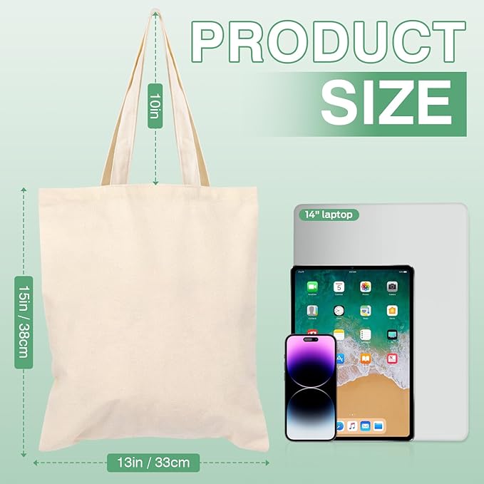 Lzerking Canvas Tote Bag Bulk for DIY Projects, 13x15 Inches Tote Bags for Grocery Shopping, 10oz Machine Washable Fabric