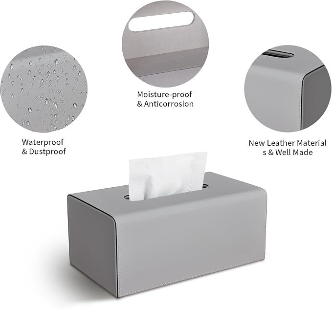 KINGFOM Tissue Box Cover, PU Leather Rectangular Tissue Box Holder with Magnetic Bottom Cover for Facial Tissues/Napkins, Office & Living Room Decor Box (Gray)