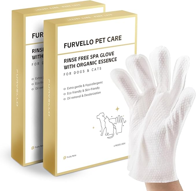FURVELLO Nourishing Pet Glove Wipes for Dogs & Cats, 4-in-1 Grooming Wipes (Cleaning, Combing, Massaging, Caring), 7 Plant Extracts, Hypoallergenic & Lick-Safe, 12PCS (Dog Wipes for Sensitive Skin)