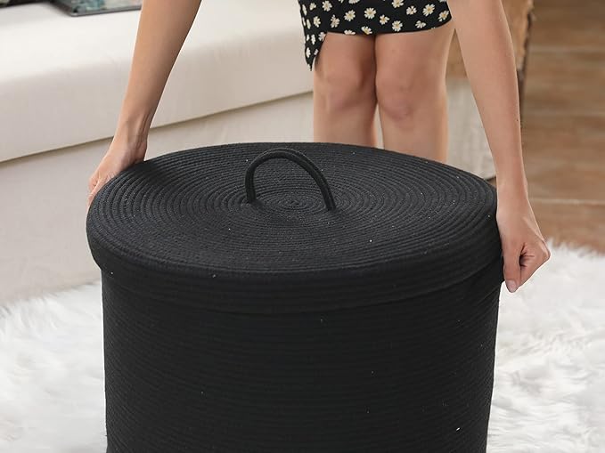 Cottonphant 20" x 20" x 15" Extra Large Storage Basket with Lid, Cotton Rope Storage Baskets, Laundry Hamper, Cloth Bin, for Clothes Towels Blankets Pillows Storage in Living Room, All Black