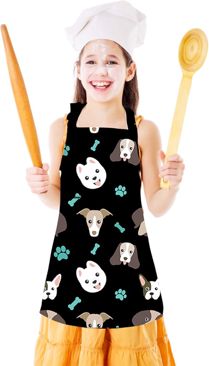 Sylfairy Aprons for Kids Girls Rainbow Unicorn Apron Children Kitchen Chef Aprons Smock (Black+Dog, Small,3-5Years)