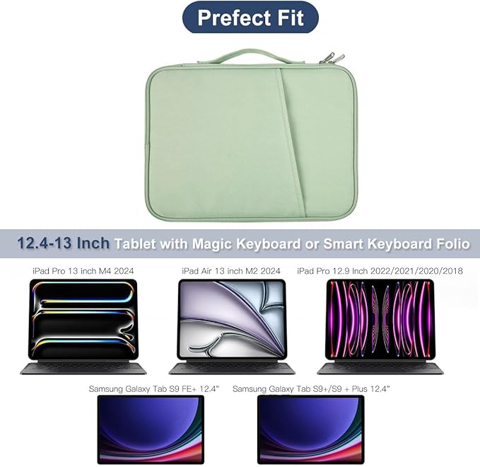 12.9 Inch Tablet Sleeve Bag for 2025 2024 iPad Pro M5 M4/iPad Air M2 13"/Pro 12.9",Samsung Galaxy Tab S9+Plus,S8+,S7+ Plus,S7 FE 12.4"Carrying Case,Surface Pro 11 Snapdragon,10,9,8,X,7+,7,6 Bag-Green