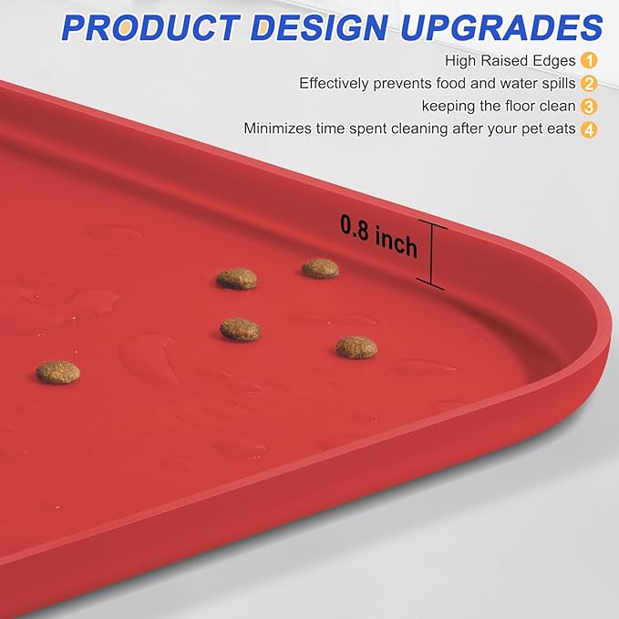 SMILOOL Silicone Pet Feeding Mat with Raised Edge for Food and Water, Dog Bowl Mats, Cat Bowls Placemat with High Lip for Floor Waterproof, Rubber Tray for Cats and Dogs 24 x 16 x0.8 Red