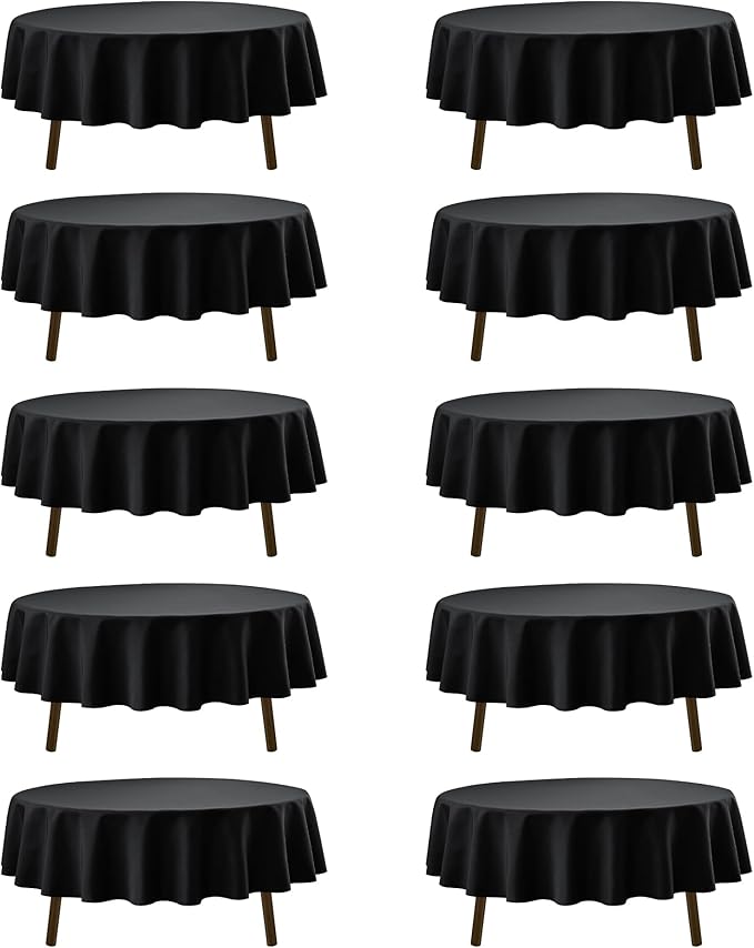 10-Pack Black Round Tablecloths, 70 Inches, Stain-Resistant Polyester for 3-4 Ft Round Tables - Washable Table Covers for Weddings, Banquets, Birthday Parties, Events