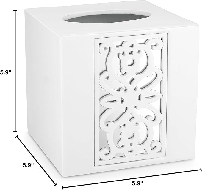 Creative Scents Mirror Janette White Tissue Box Cover Square - Decorative Square Tissue Box Holder for Bathroom with Durable Bottom Slider - Beautiful Mirrored Tissue Holder for Bathroom