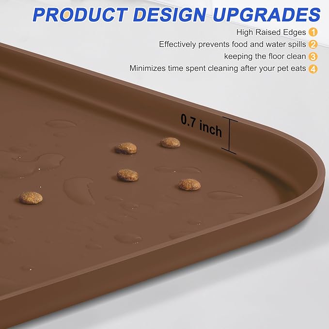 SMILOOL Silicone Pet Feeding Mat with Raised Edge for Food and Water, Dog Bowl Mats, Cat Bowls Placemat with High Lip for Floor Waterproof, Rubber Tray for Cats and Dogs 19 x 12 x0.7 Brown